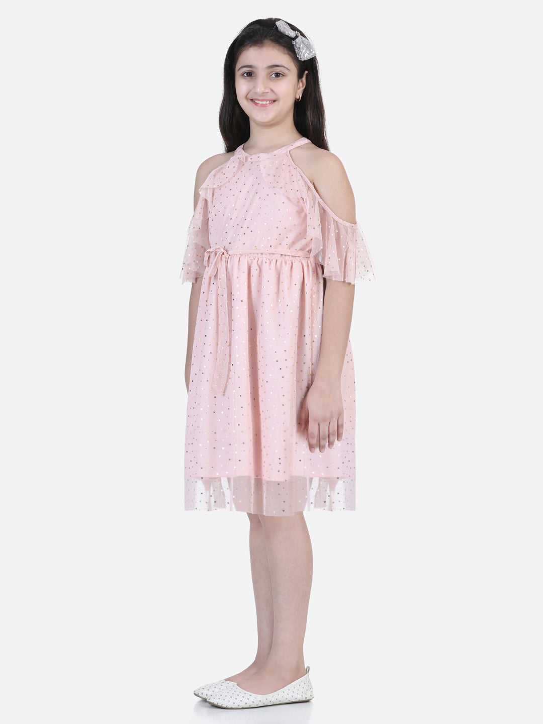 Girl's Beie Offshoulder Dress With Pink Embroidery - StyleStone Kid