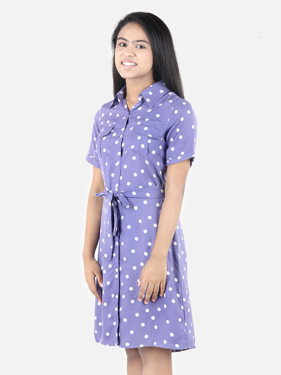 Girl's Brown Polyester Polka Shirt Dress - StyleStone Kid