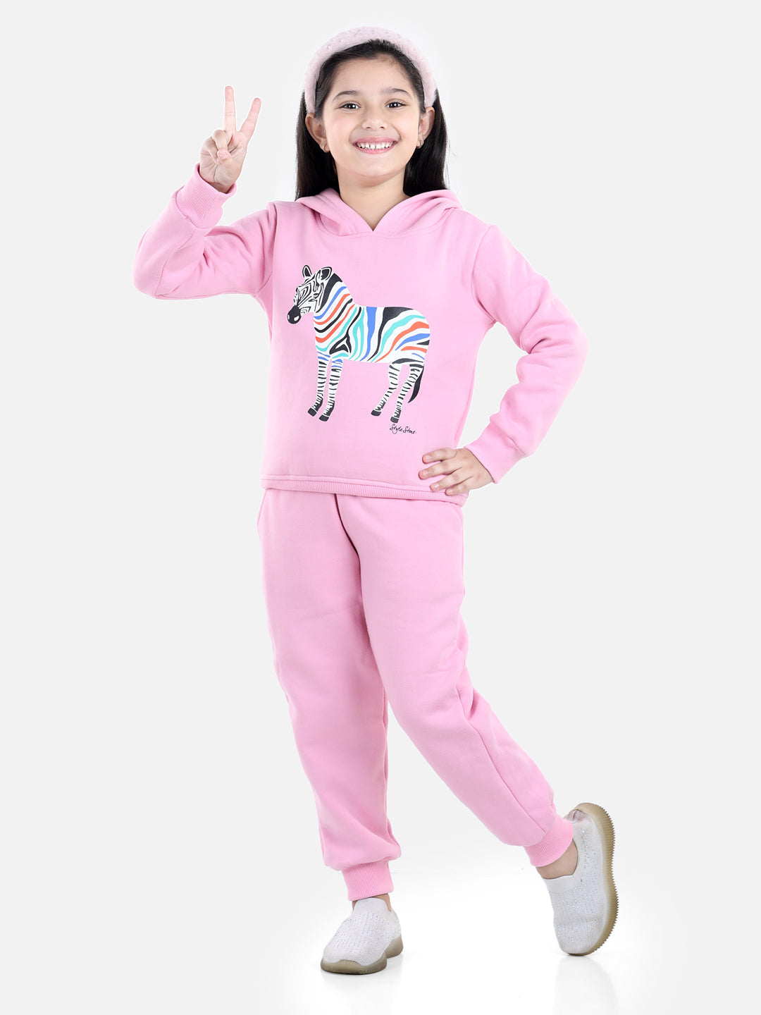 Girl's Dark Pink Zebra Printed Hooded Track Suit Set - StyleStone Kid