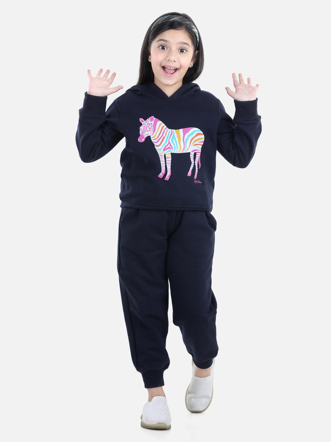Girl's Light Pink Zebra Printed Hooded Track Suit Set - StyleStone Kid