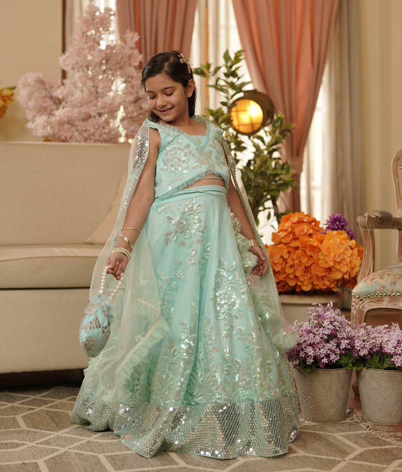 Girl's Blue Sequins Embroidery Lehenga Choli And Dupatta - Fayon Kids