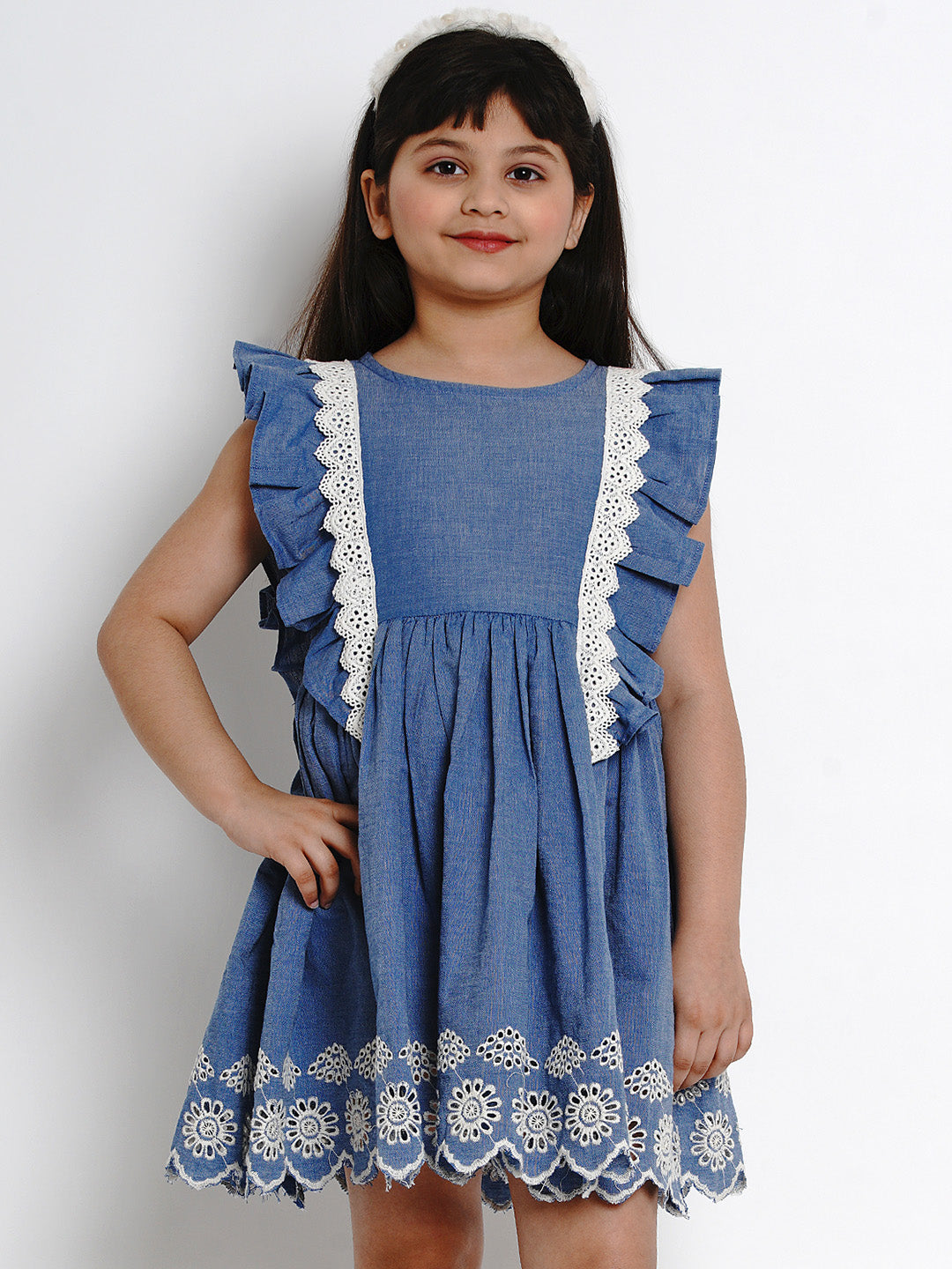 Girl's Blue Solid Fit And Flare Dress - Bitiya By Bhama