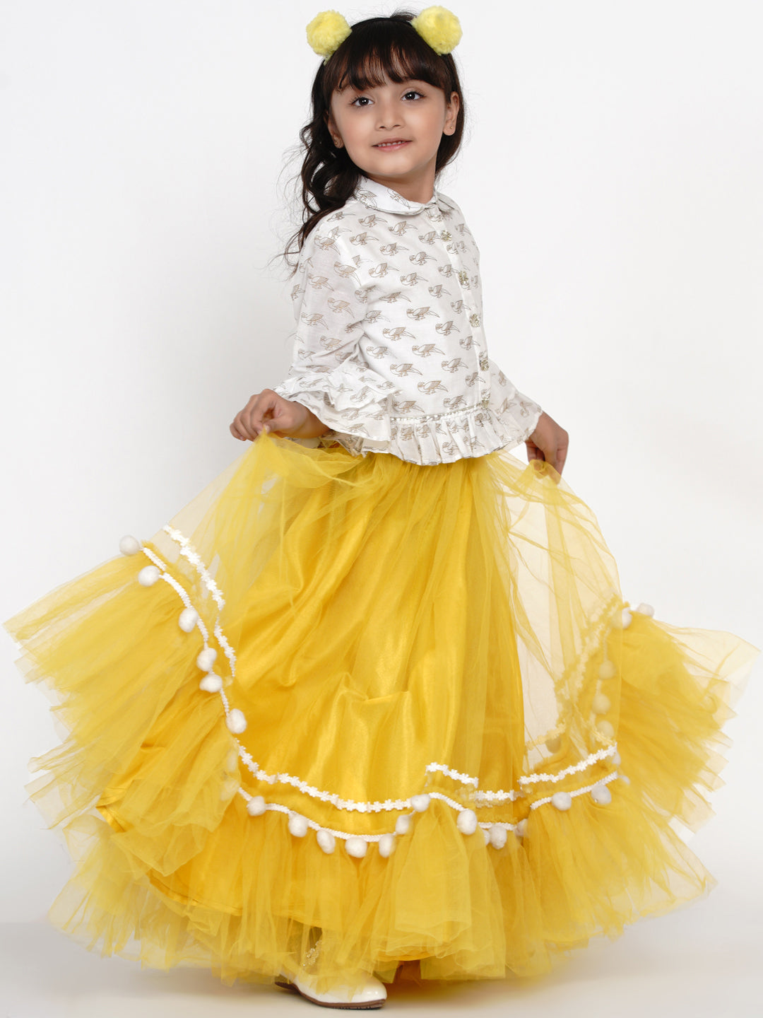 Girls Off White & Yellow Block Printed Cotton Shirt With Skirt - Bitiya By Bhama