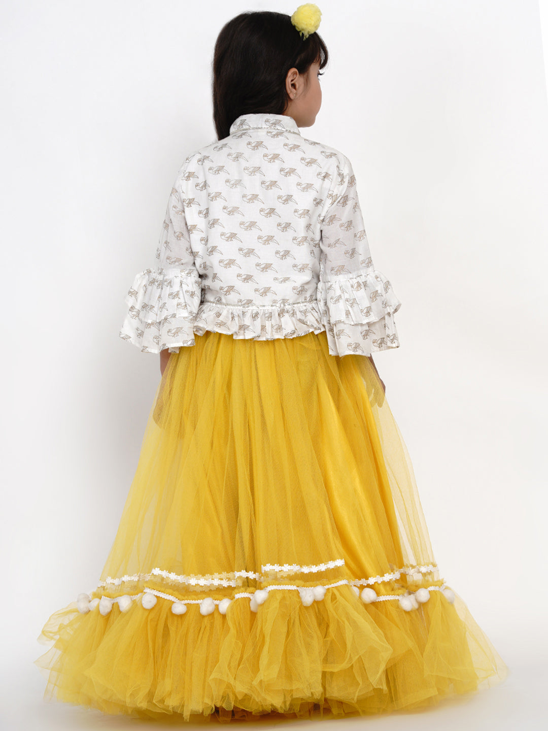 Girls Off White & Yellow Block Printed Cotton Shirt With Skirt - Bitiya By Bhama