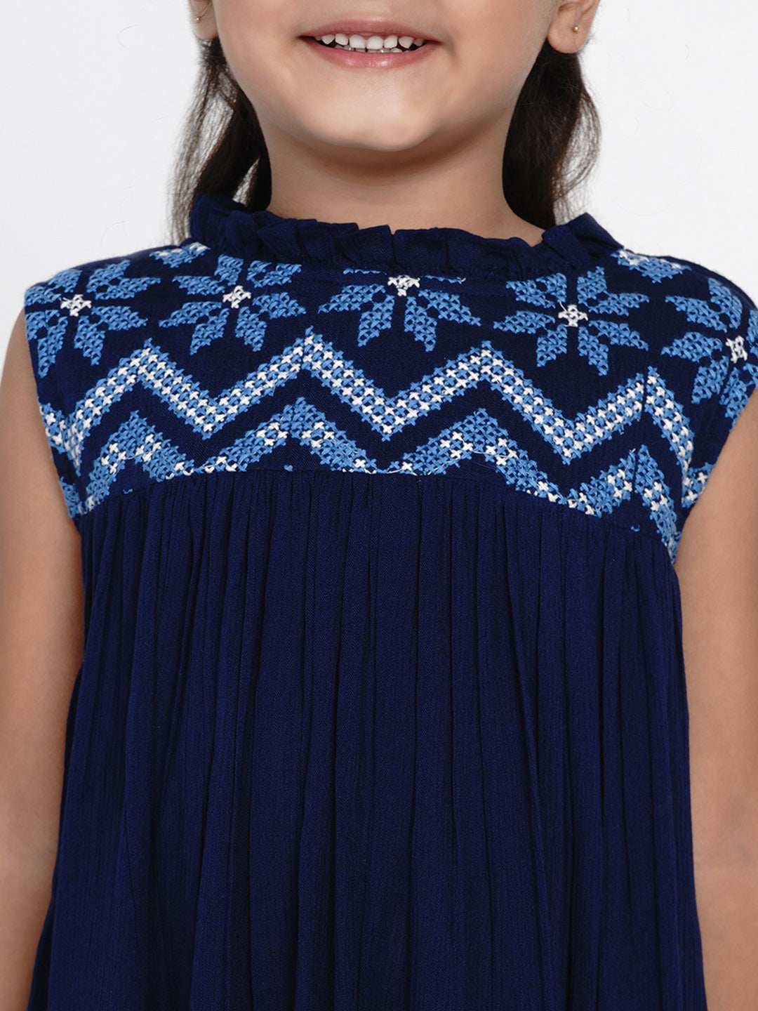 Girl's Navy Blue Embroidered A-Line Dress - Bitiya By Bhama