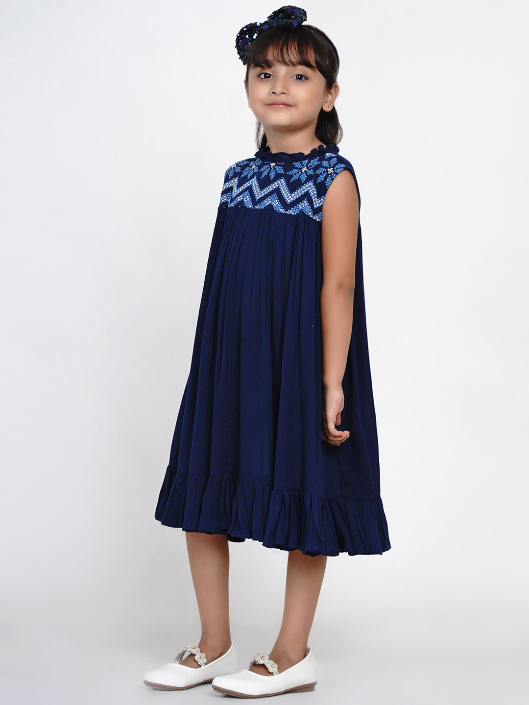 Girl's Navy Blue Embroidered A-Line Dress - Bitiya By Bhama