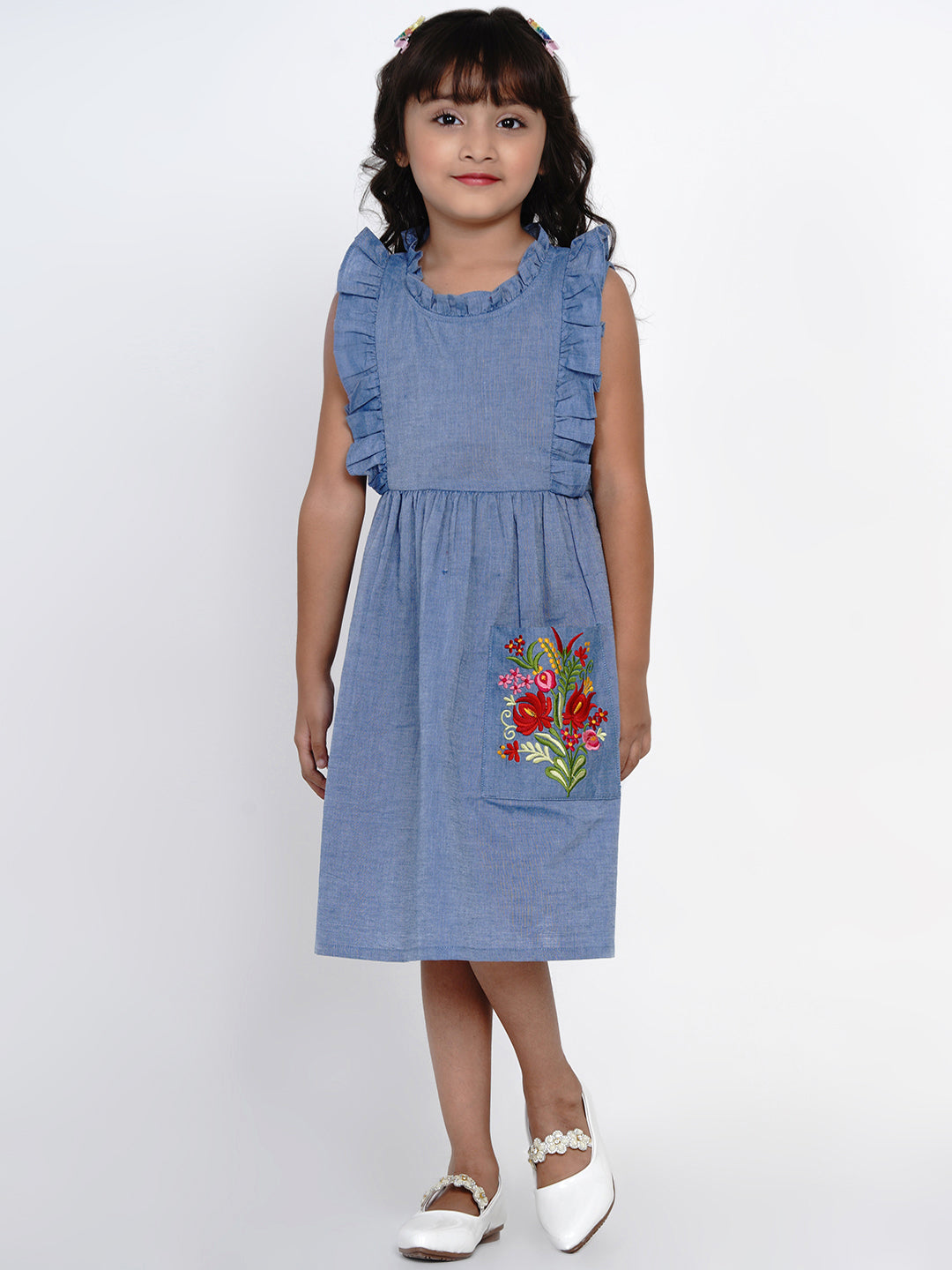 Girl's Blue Solid Fit And Flare Dress - Bitiya By Bhama