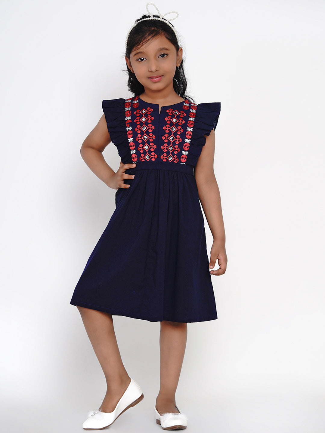 Girl's Navy Blue Embroidered Fit And Flare Dress - Bitiya By Bhama
