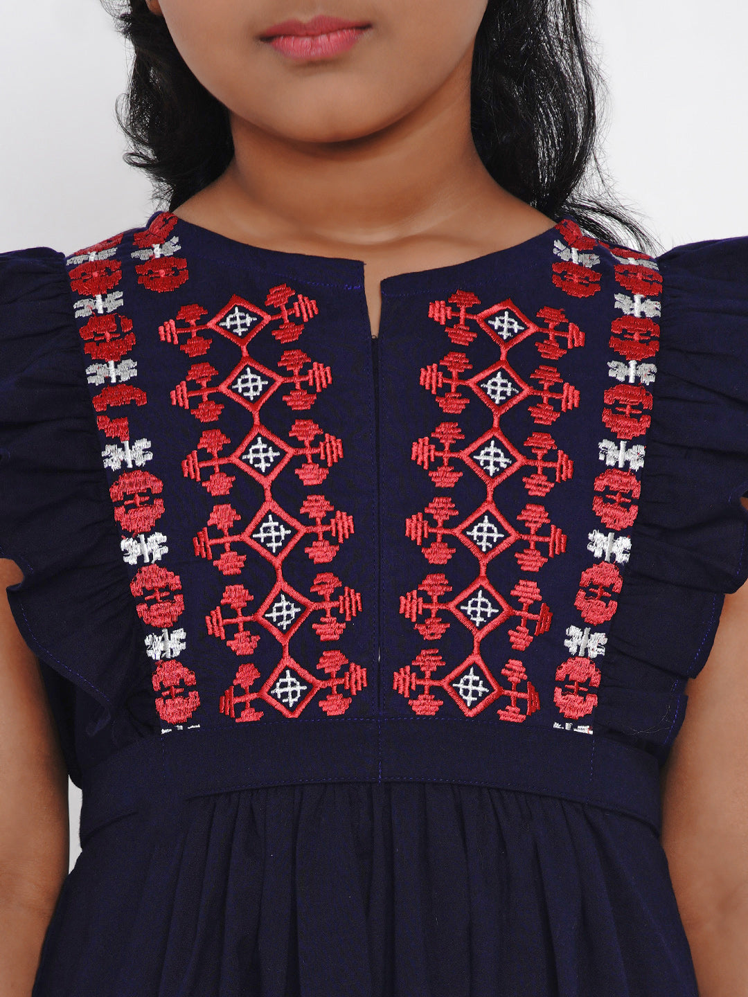 Girl's Navy Blue Embroidered Fit And Flare Dress - Bitiya By Bhama