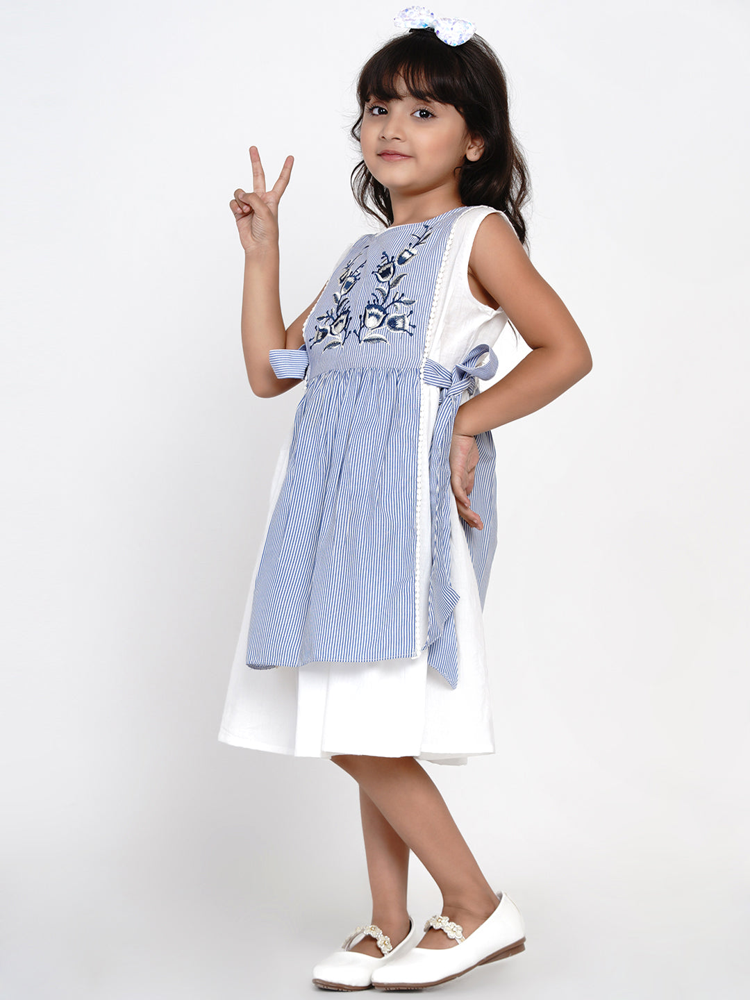 Girl's Blue & White Striped Fit And Flare Layered Dress - Bitiya By Bhama