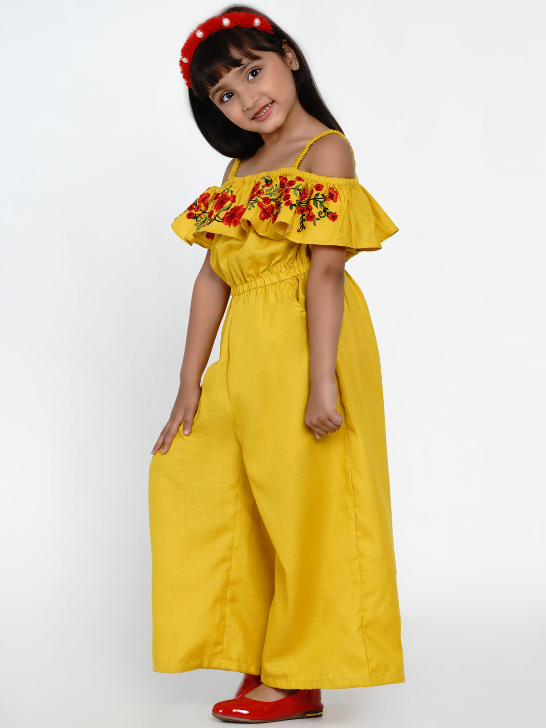 Girl's Mustard Embroidered Jumpsuit - Bitiya By Bhama