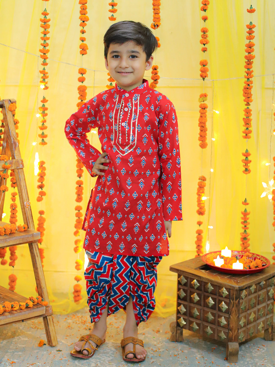 Boy's Red Ethnic Festive Wear Pure Cotton Full Sleeve Dhoti Kurta - BOWNBEE