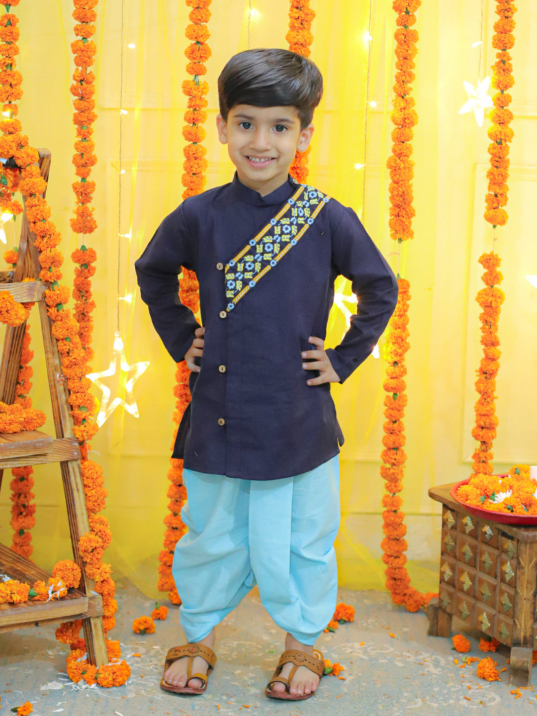 Boy's Blue Embroidery Front Open Cotton Kurta With Dhoti - BOWNBEE