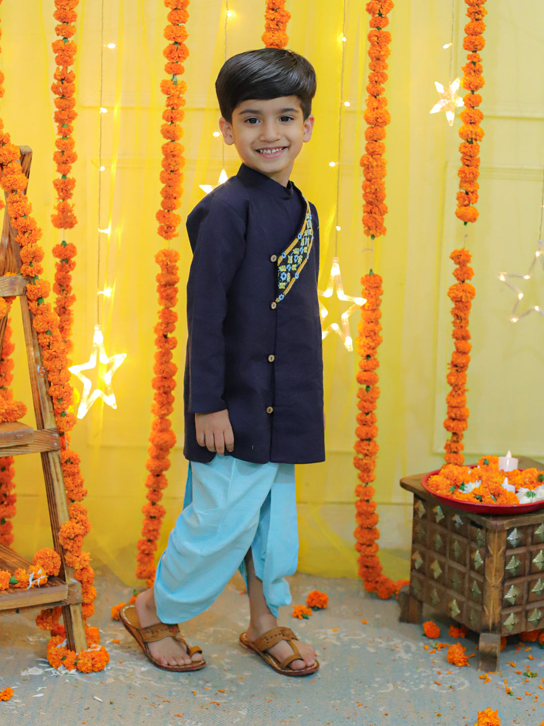 Boy's Blue Embroidery Front Open Cotton Kurta With Dhoti - BOWNBEE