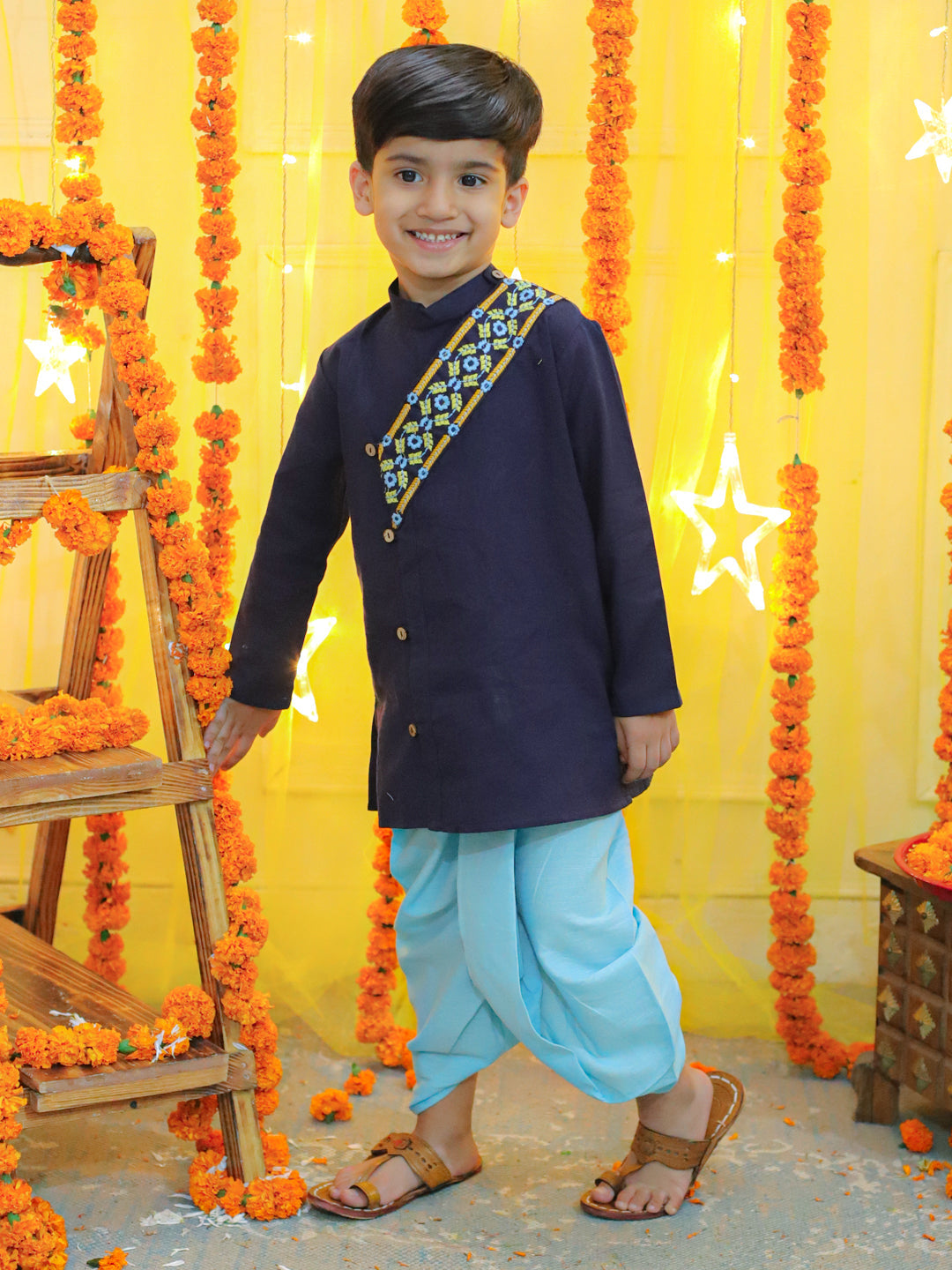 Boy's Blue Embroidery Front Open Cotton Kurta With Dhoti - BOWNBEE