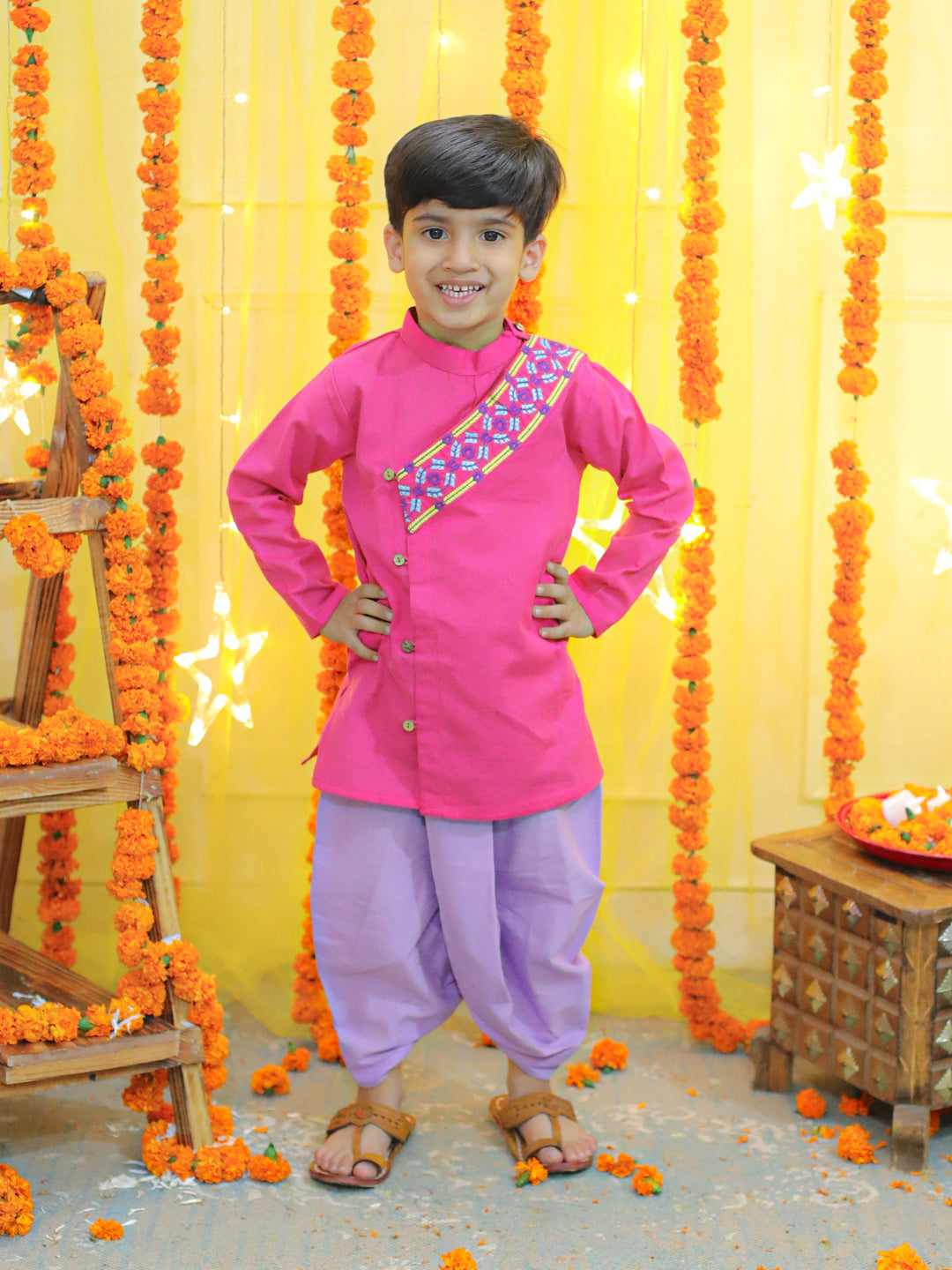 Boy's Pink Embroidery Front Open Cotton Kurta With Dhoti - BOWNBEE