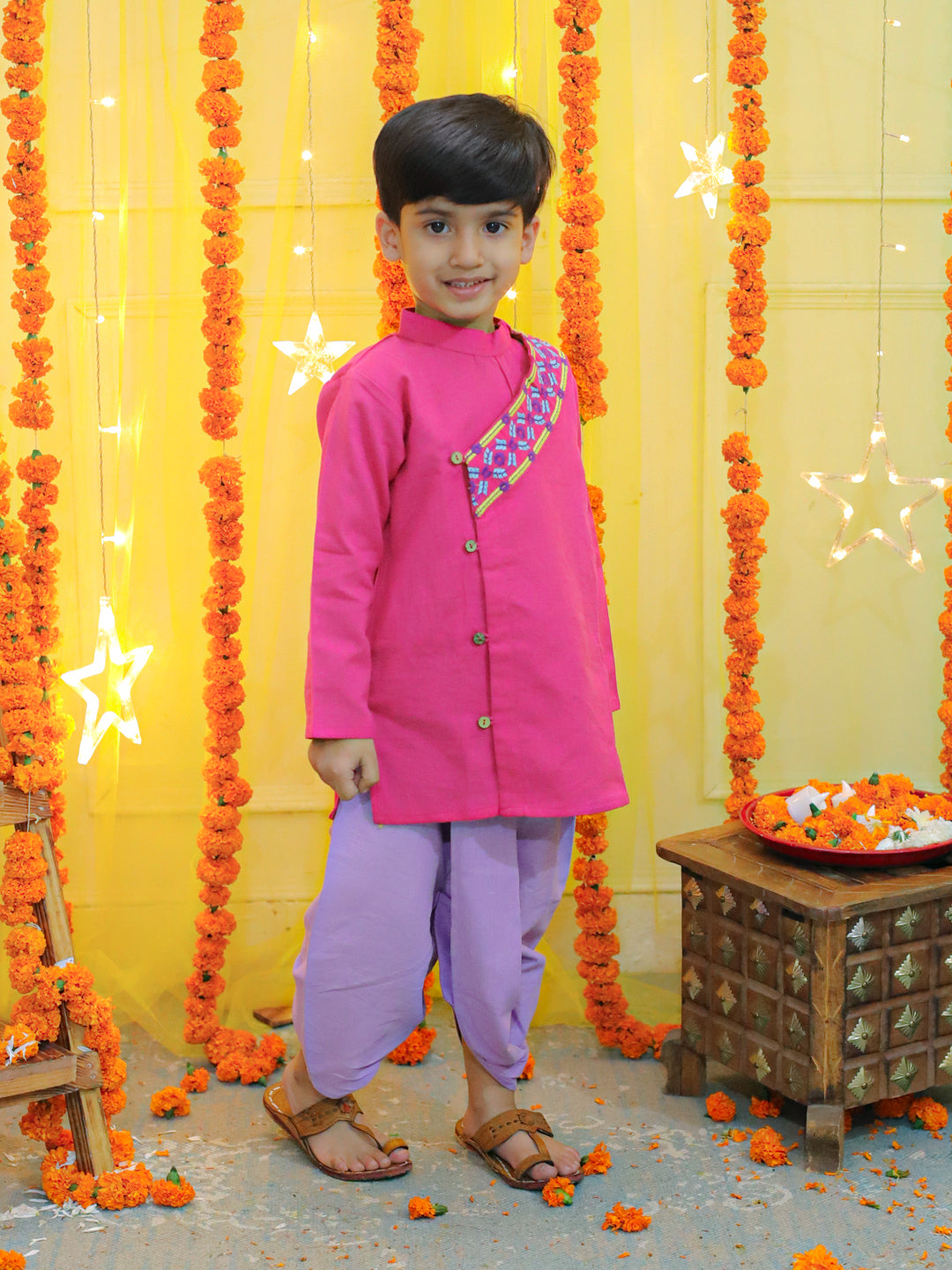 Boy's Pink Embroidery Front Open Cotton Kurta With Dhoti - BOWNBEE