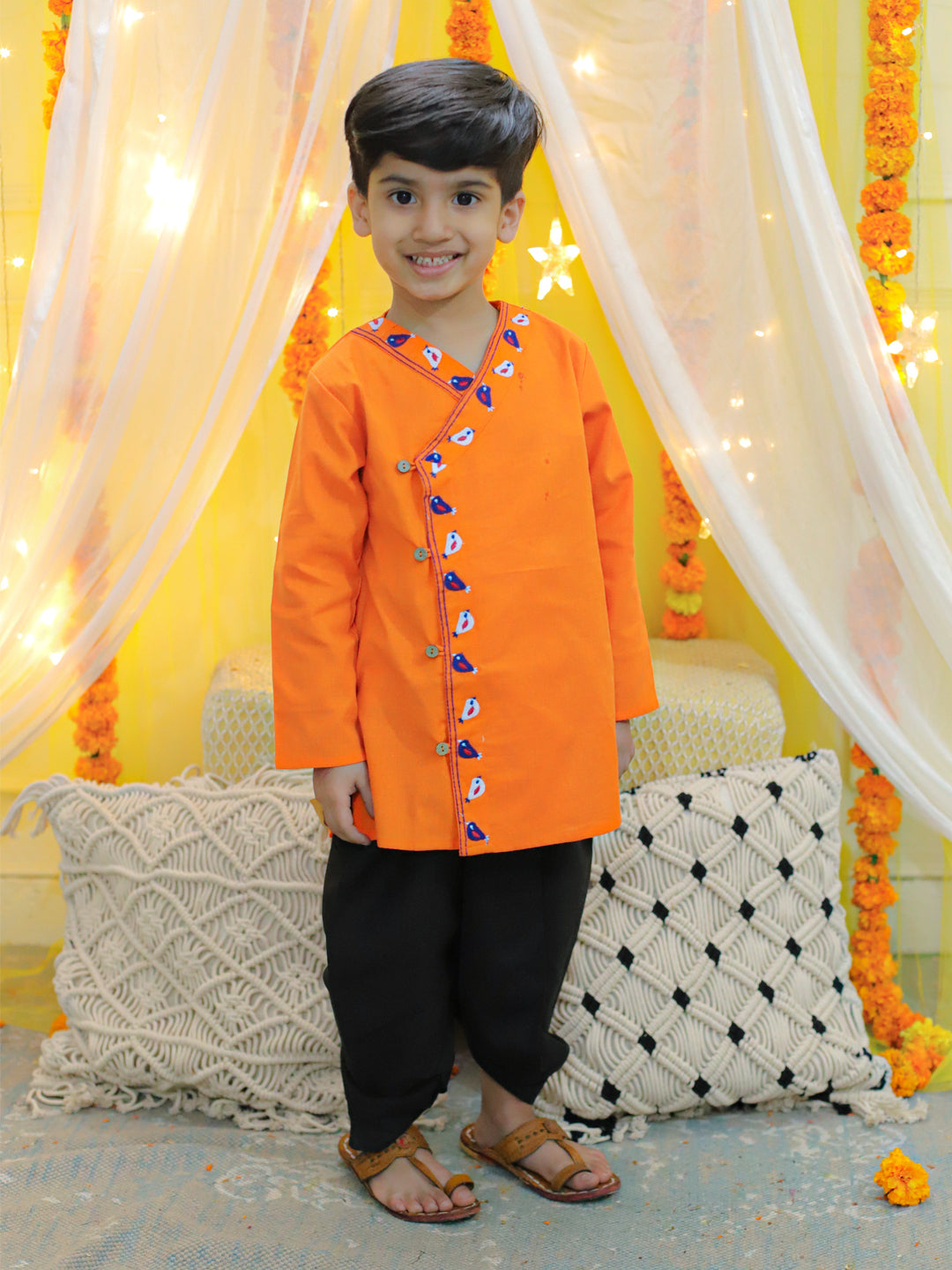 Boy's Orange Embroidery Front Open Cotton Kurta With Dhoti - BOWNBEE