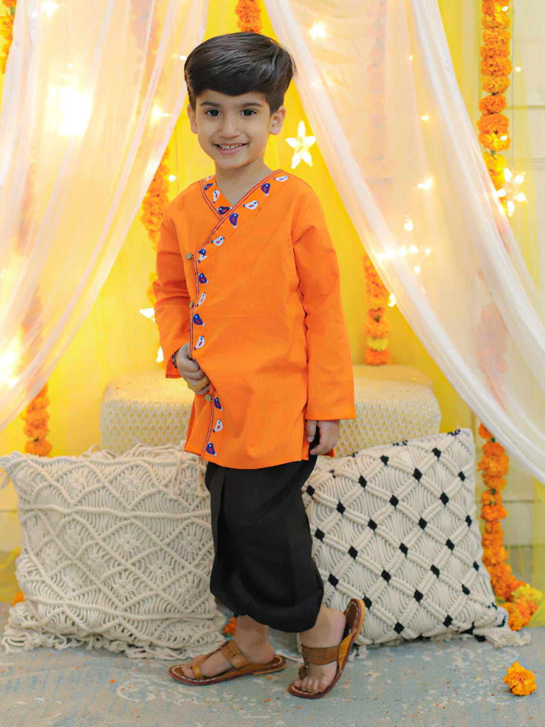 Boy's Orange Embroidery Front Open Cotton Kurta With Dhoti - BOWNBEE