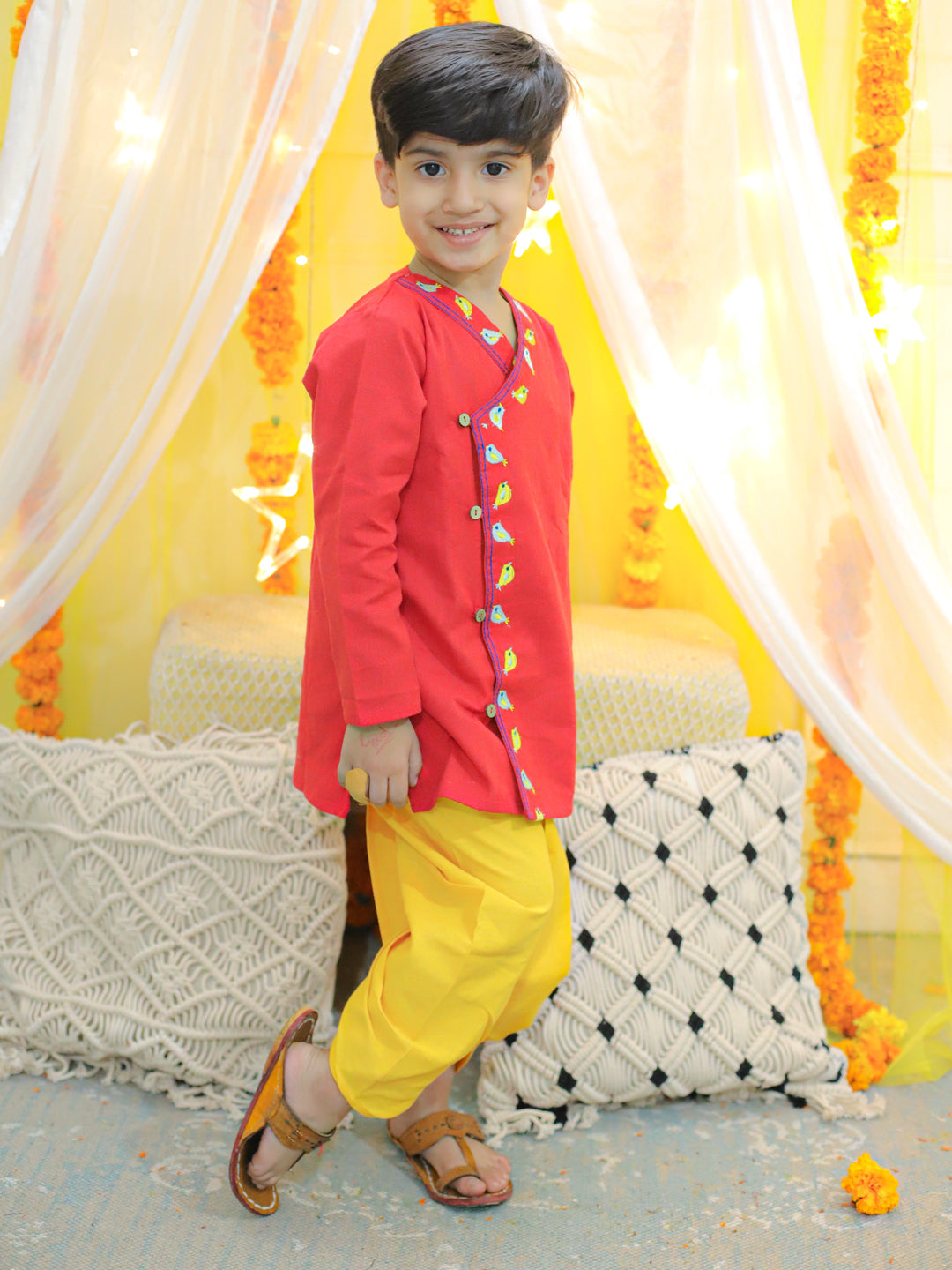 Boy's Red Embroidery Front Open Cotton Kurta With Dhoti - BOWNBEE