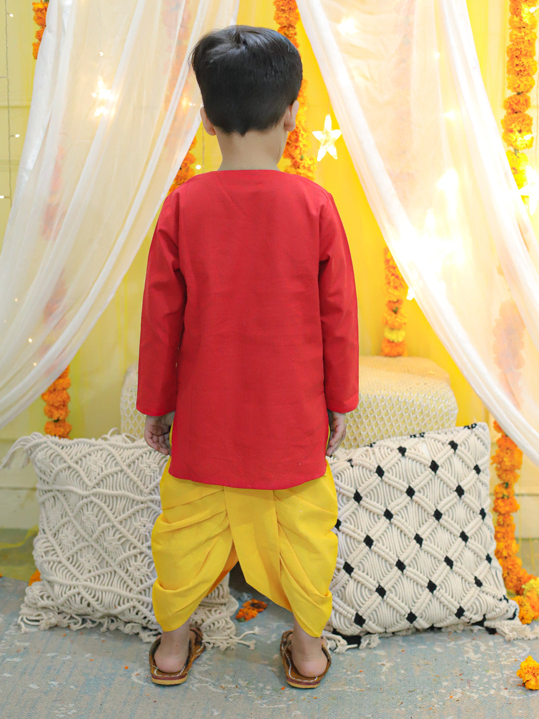Boy's Red Embroidery Front Open Cotton Kurta With Dhoti - BOWNBEE
