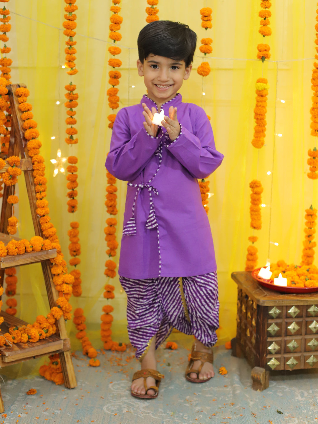 Boy's Purple Ethnic Festive Wear Leheriya Printed Pure Cotton Full Sleeve Dhoti Kurta - BOWNBEE