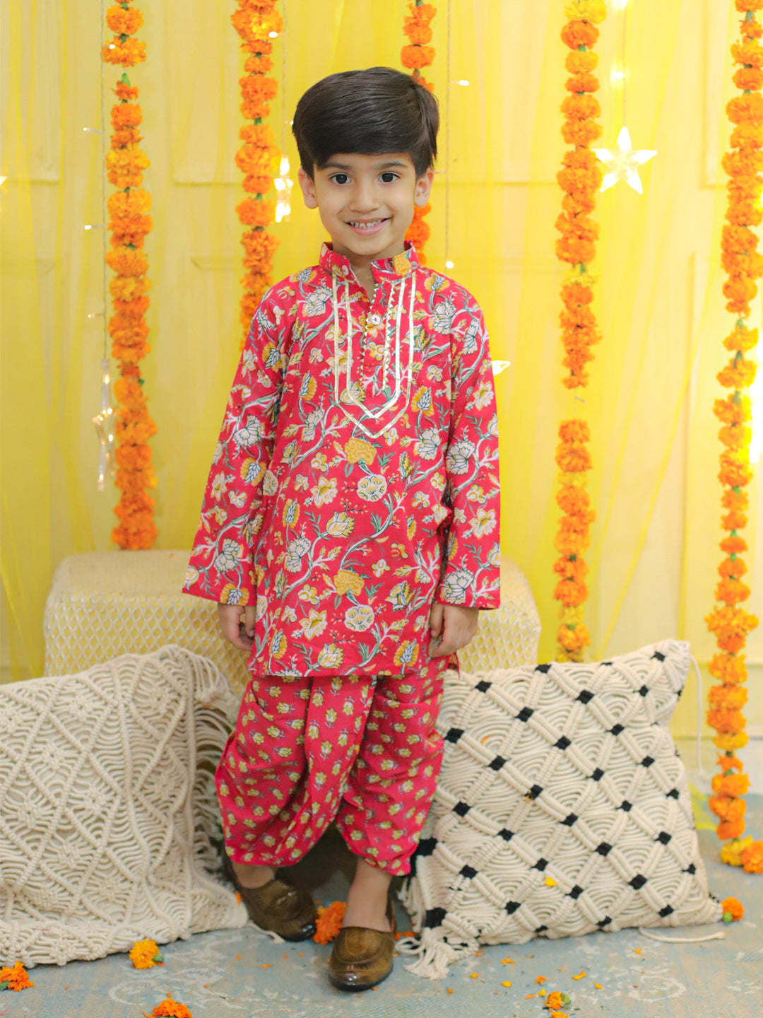 Boy's Red Pure Cotton Full Sleeve Printed Kurta With Printed Dhoti - BOWNBEE