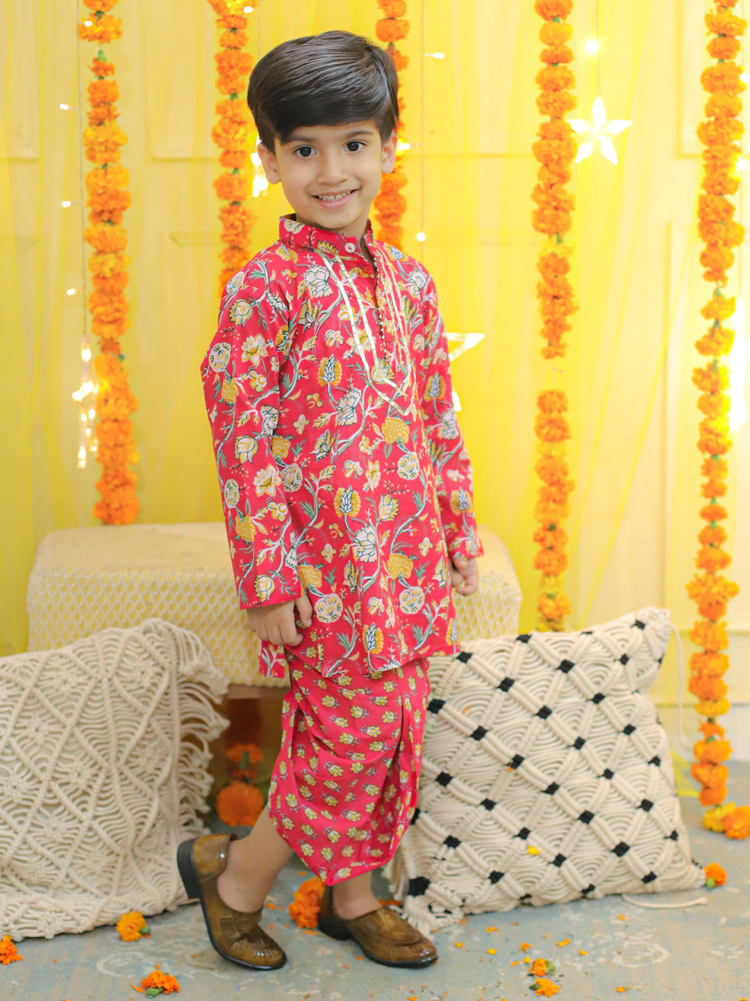 Boy's Red Pure Cotton Full Sleeve Printed Kurta With Printed Dhoti - BOWNBEE