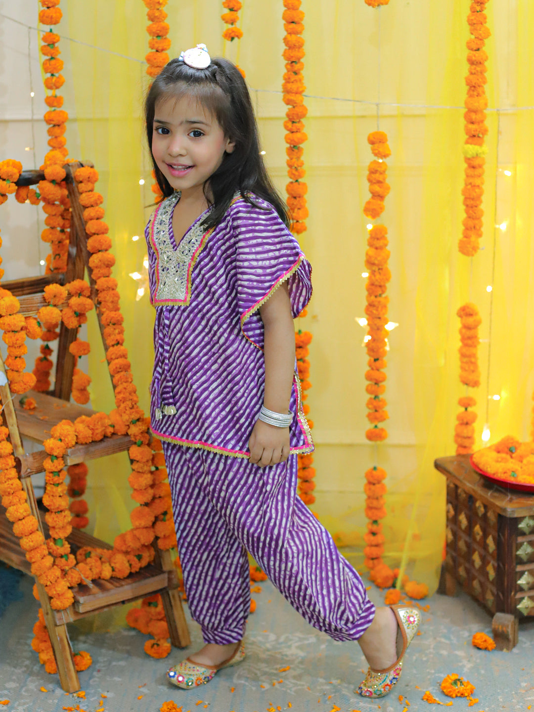 Girl's Purple Ethic Wear Pure Cotton Leheriya Printed Kaftan With Harem Dhoti Pant Co Ords Sets - BOWNBEE