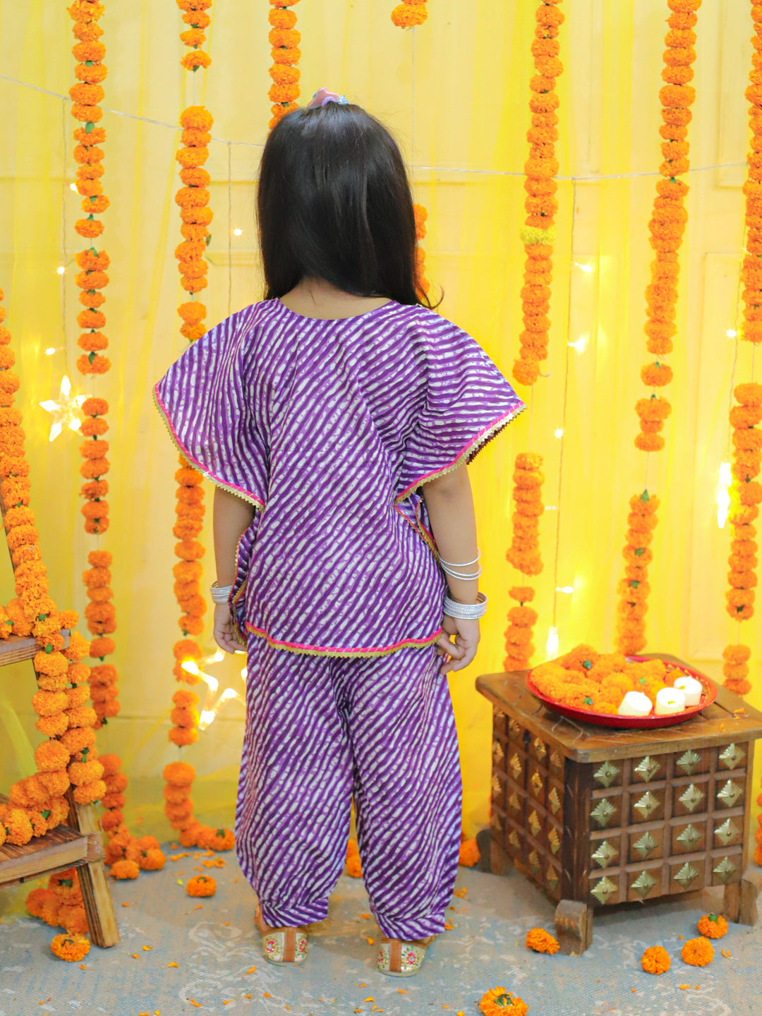 Girl's Purple Ethic Wear Pure Cotton Leheriya Printed Kaftan With Harem Dhoti Pant Co Ords Sets - BOWNBEE