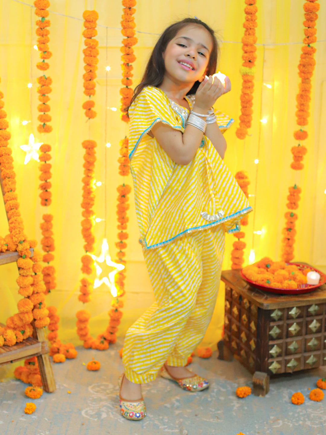 Girl's Yellow Ethic Wear Pure Cotton Leheriya Printed Kaftan With Harem Dhoti Pant Co Ords Sets - BOWNBEE