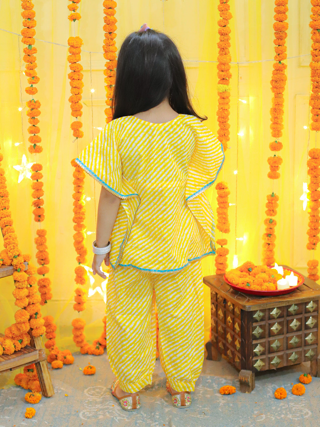 Girl's Yellow Ethic Wear Pure Cotton Leheriya Printed Kaftan With Harem Dhoti Pant Co Ords Sets - BOWNBEE