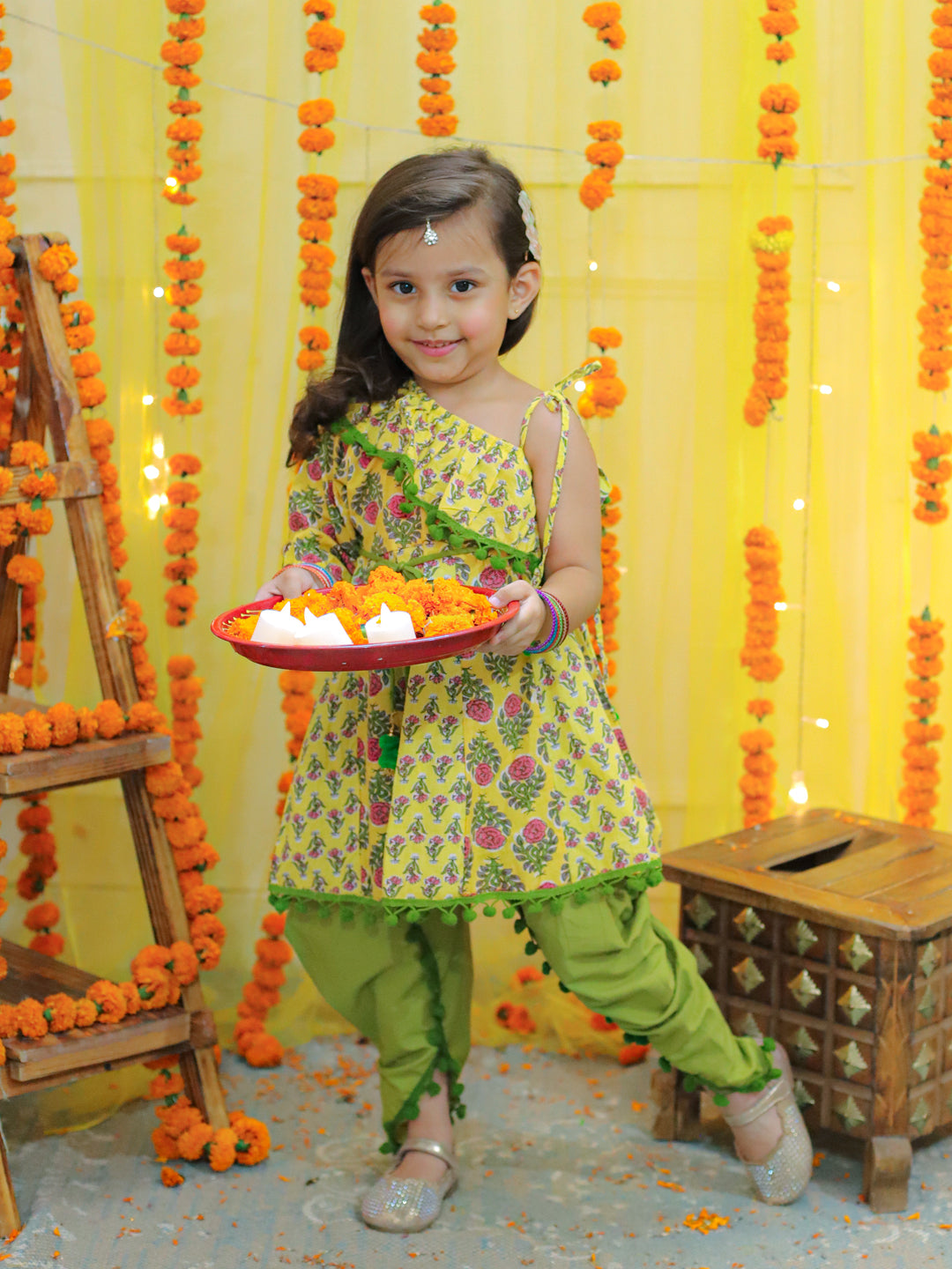 Girl's Yellow Pure Cotton Printed One Sleeve Ruffle Kurti With Dhoti Indo Western Clothing Sets - BOWNBEE