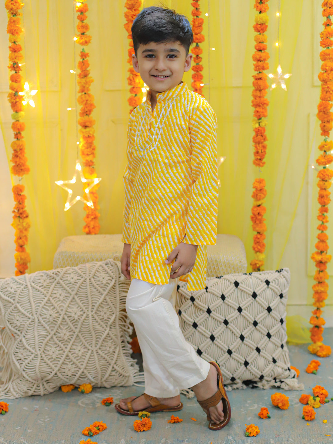 Boy's Yellow Pure Cotton Printed Leheriya Kurta Pajama - BOWNBEE