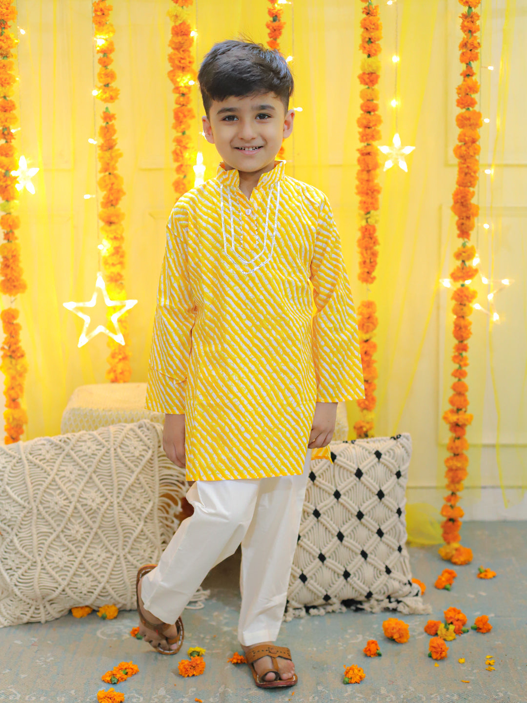 Boy's Yellow Pure Cotton Printed Leheriya Kurta Pajama - BOWNBEE