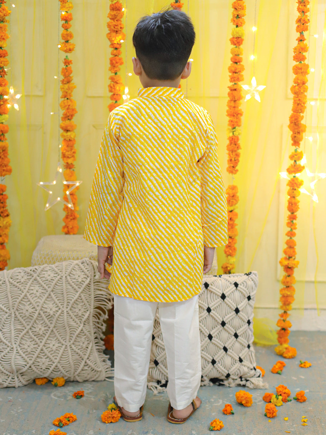 Boy's Yellow Pure Cotton Printed Leheriya Kurta Pajama - BOWNBEE