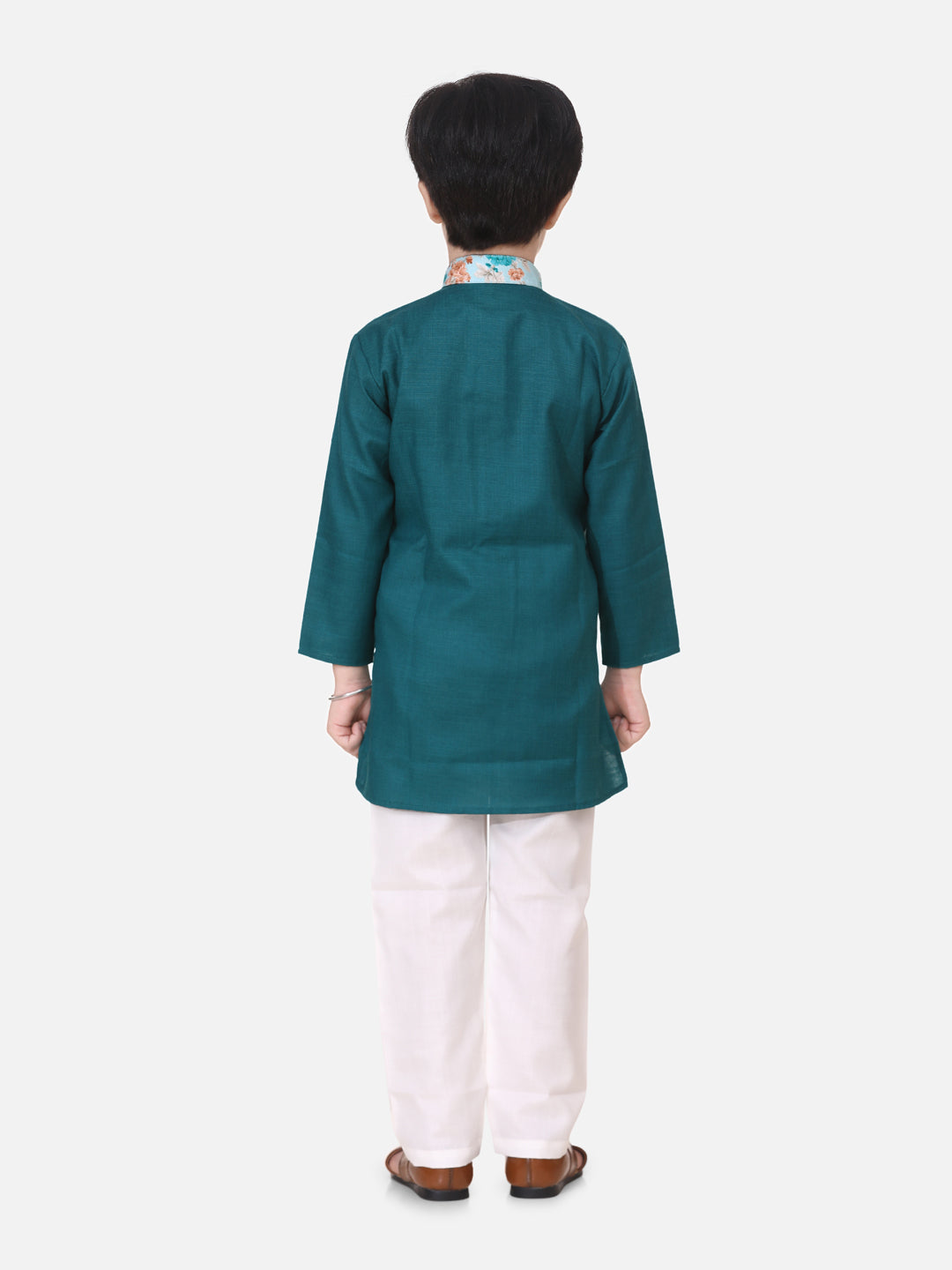 Boy's Green Attached Floral Print Jacket Cotton Kurta Pajama - BOWNBEE