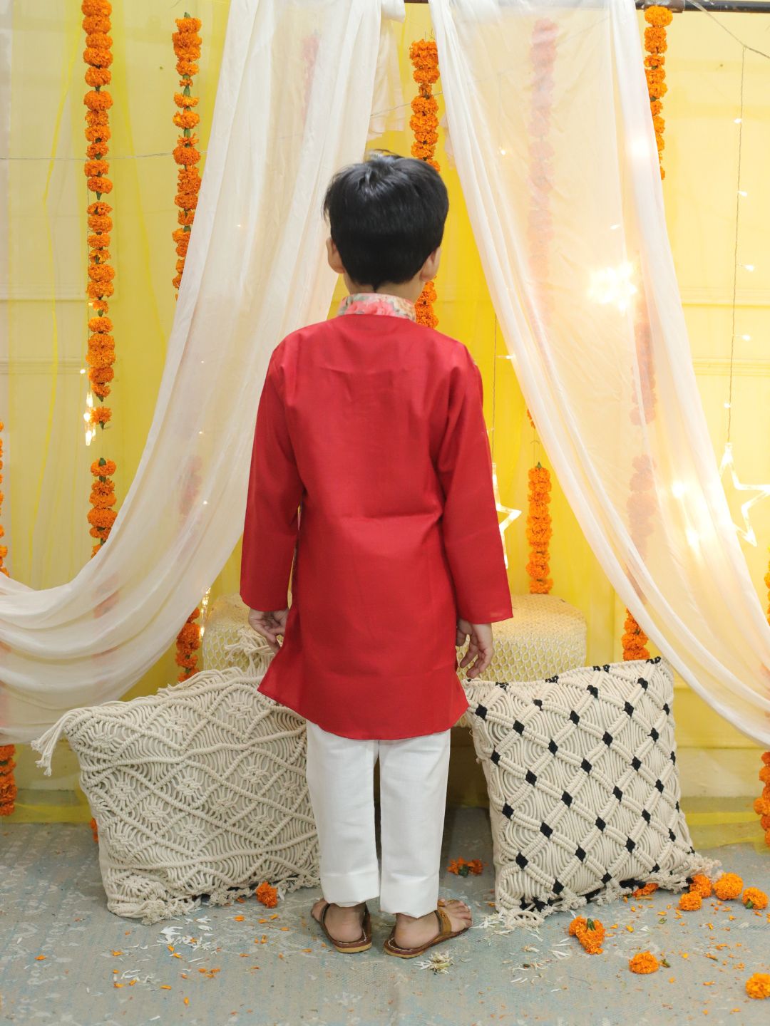 Boy's Red Ethnic Attached Floral Printed Jacket Cotton Kurta Pajama - BOWNBEE