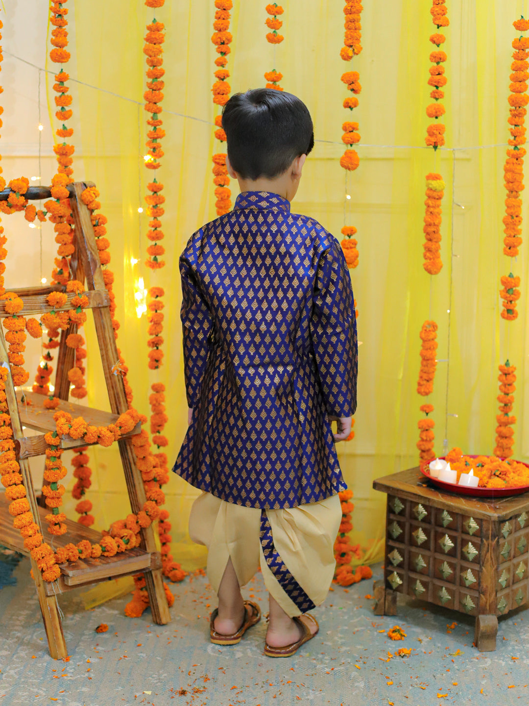 Boy's Blue Ethnic Festive Wear Jacquard Full Sleeve Sherwani With Dhoti - BOWNBEE