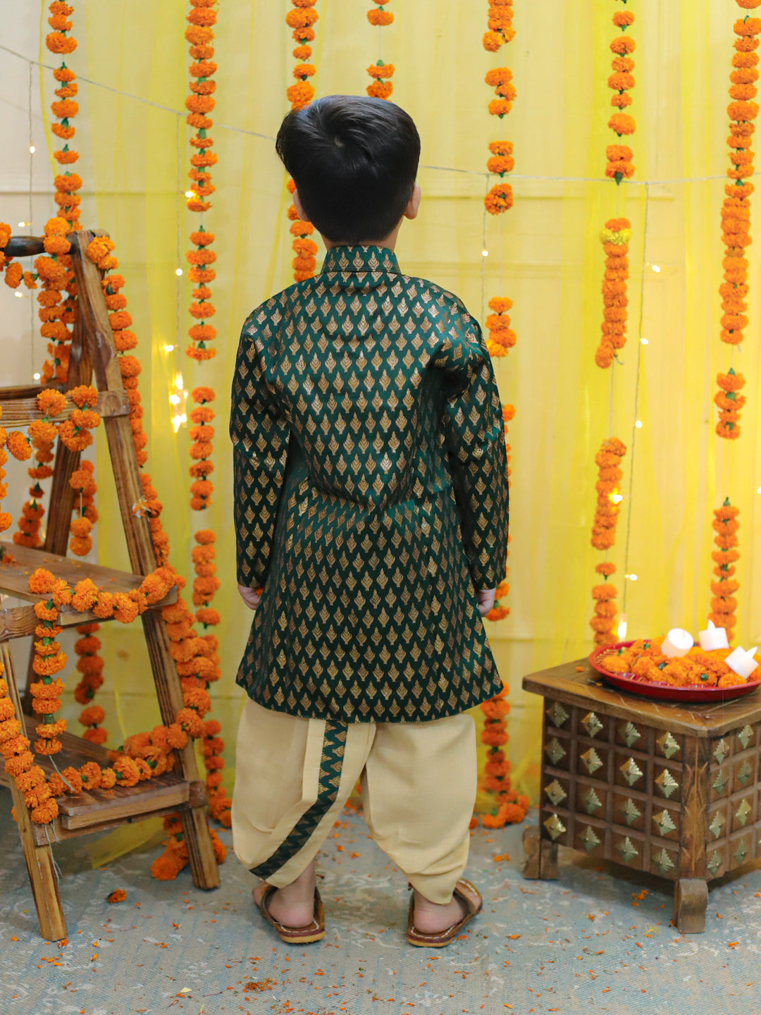 Boy's Green Ethnic Festive Wear Jacquard Full Sleeve Sherwani With Dhoti - BOWNBEE