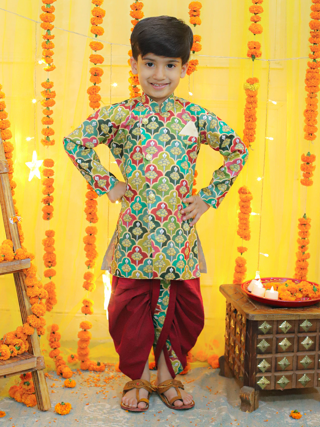 Boy's Multi Ethnic Festive Floral Printed Full Sleeve Sherwani With Cotton Dhoti - BOWNBEE