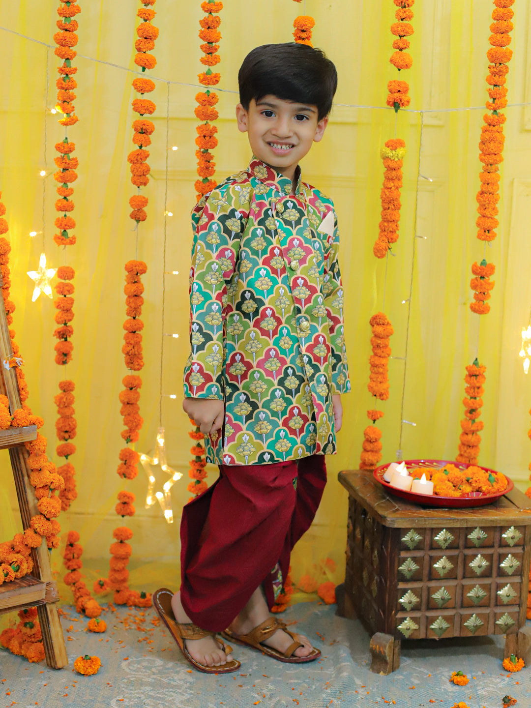 Boy's Multi Ethnic Festive Floral Printed Full Sleeve Sherwani With Cotton Dhoti - BOWNBEE