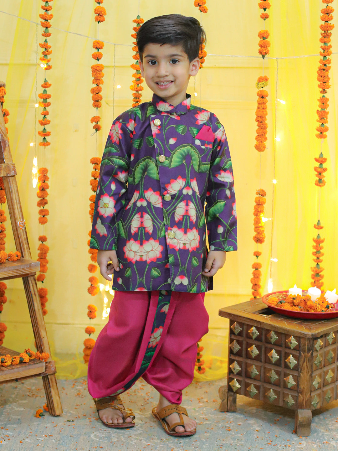 Boy's Purple Ethnic Festive Floral Printed Full Sleeve Sherwani With Cotton Dhoti - BOWNBEE