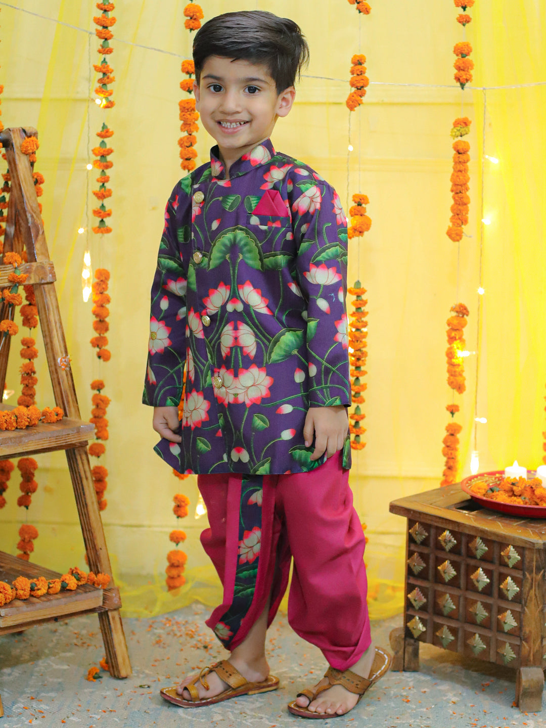 Boy's Purple Ethnic Festive Floral Printed Full Sleeve Sherwani With Cotton Dhoti - BOWNBEE