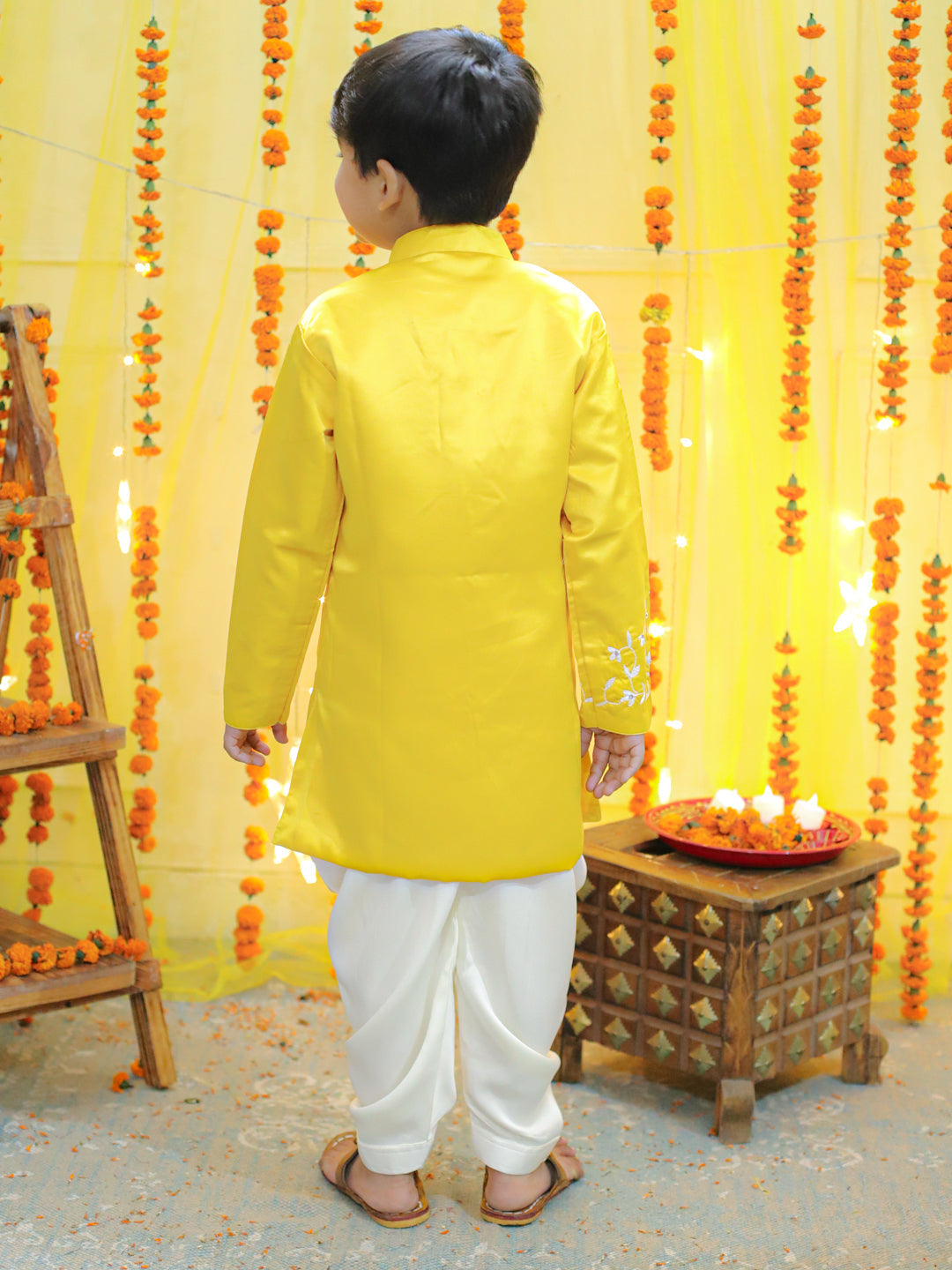 Boy's Yellow Ethnic Festive Wear Hand Embroidered Jam Cotton Sherwani Salwar - BOWNBEE