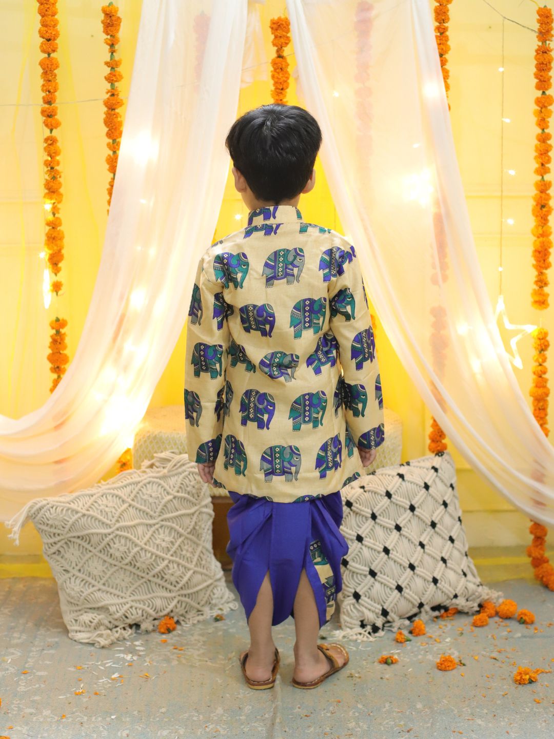 Boy's Blue Ethnic Hathi Print Full Sleeve Sherwani - BOWNBEE
