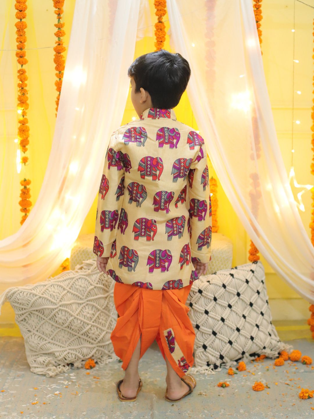 Boy's Orange Ethnic Hathi Print Full Sleeve Sherwani - BOWNBEE