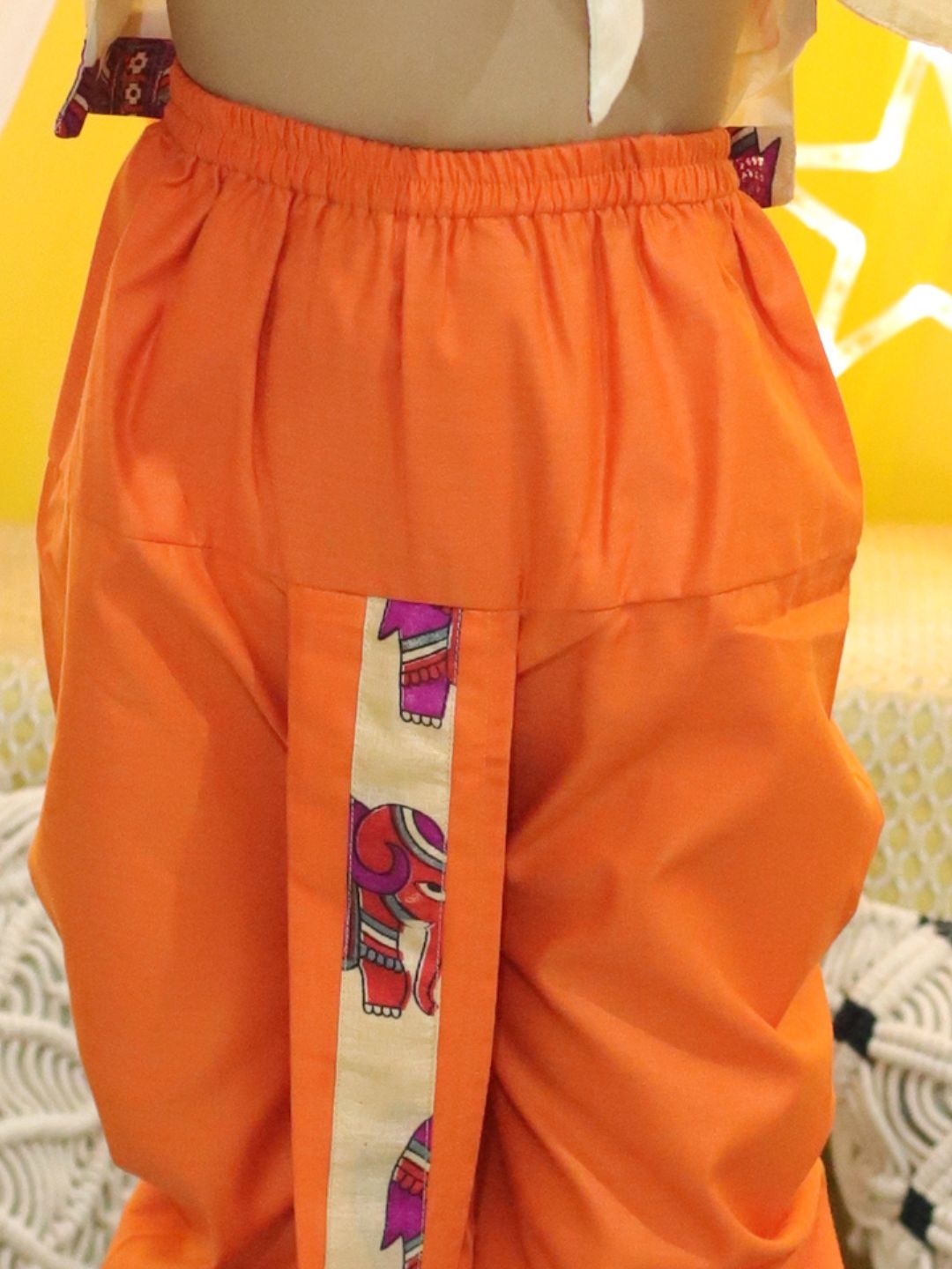 Boy's Orange Ethnic Hathi Print Full Sleeve Sherwani - BOWNBEE