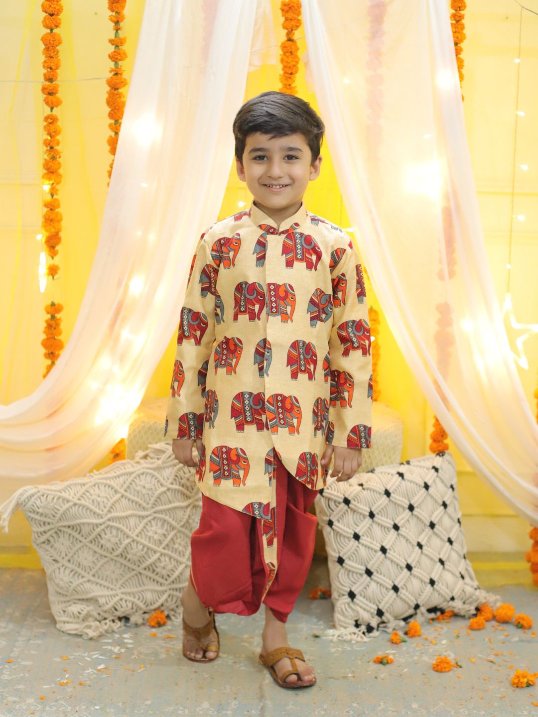 Boy's Red Ethnic Hathi Print Full Sleeve Sherwani - BOWNBEE