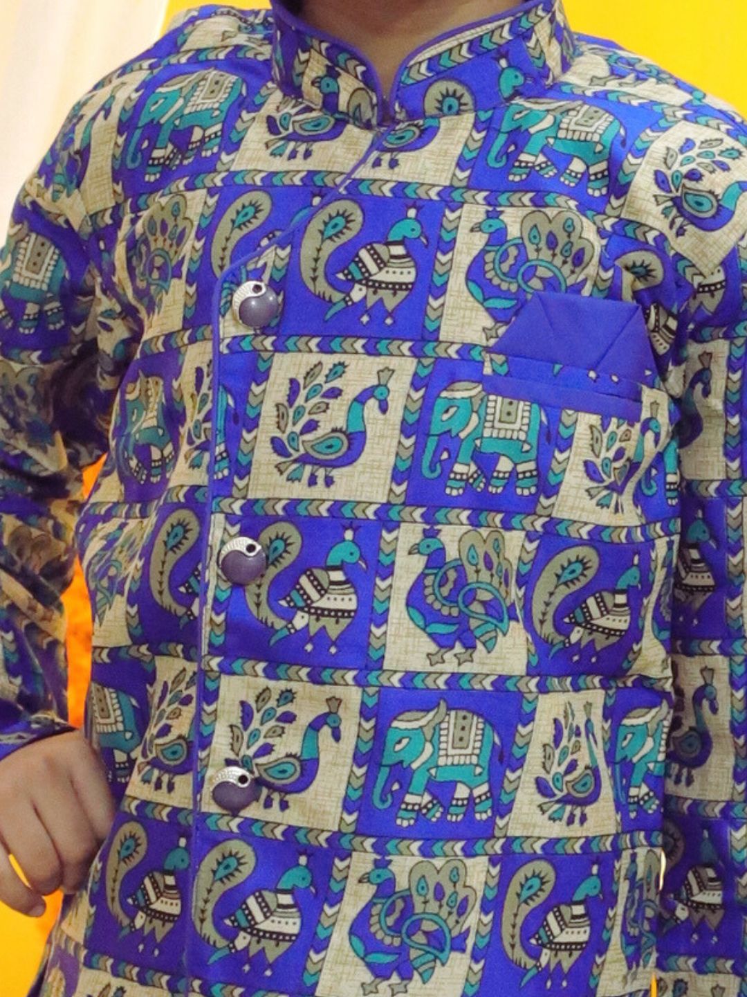 Boy's Blue Ethnic Mor Print Full Sleeve Sherwani With Salwar - BOWNBEE